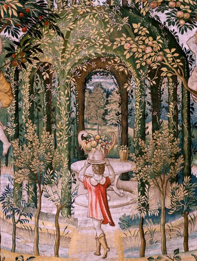 flamländsk gobeläng. Serier Vertumnus och Pomona; Vertumnus förvandlas till trädgårdsmästare (Vertumno transformado en jardinero). Femte gobeläng i serien. Modellcirkel av Pieter Coecke Van Aelst och Léonard Thiry. Tillverkning Okänd verkstad, Bryssel, för av Pieter (circle of) Coecke van Aelst