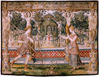 flamländsk gobeläng. Serier Vertumnus och Pomona; Vertumnus förvandlas till trädgårdsmästare (Vertumno transformado en jardinero). Femte gobeläng i serien. Modellcirkel av Pieter Coecke Van Aelst och Léonard Thiry. Tillverkning Okänd verkstad, Bryssel, för av Pieter (circle of) Coecke van Aelst