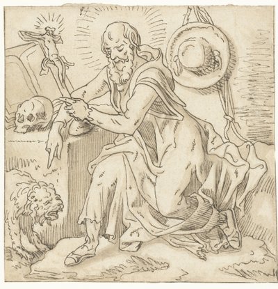 Sankt Hieronymus sitter vid ett krucifix, bok och dödskalle av Pieter Aertsen (workshop of)