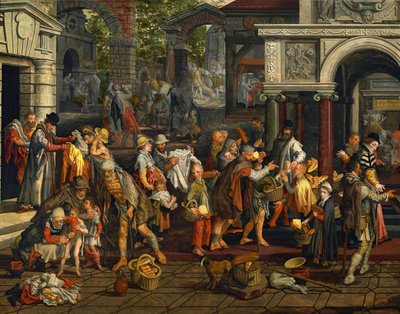 Kristna barmhärtighetsgärningar (Matteus 25:35-36) av Pieter Aertsen