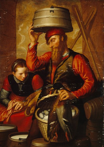 Fjäderfäsäljaren (Fowl-försäljare). Ett par bönder i traditionell klädsel förbereder sina korgar med ägg och sina varor för marknaden. Målning av Pieter Aertsen (1508-1575), olja på trä av Pieter Aertsen