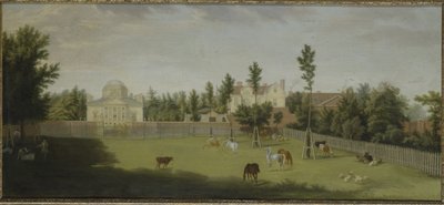Utsikt över den nya villan, det gamla huset och stallen från andra sidan Burlington Lane, Chiswick Villa (olja på duk) av Pieter Andreas Rysbrack