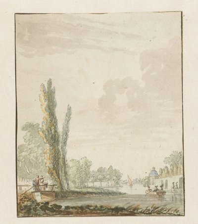 Utsikt längs en flod med en tekupol till höger av Pieter Bartholomeusz. Barbiers