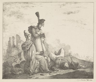 Sörjande sällskap med död soldat av Pieter Bartholomeusz. Barbiers