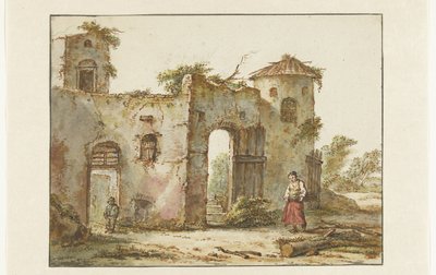 Övergiven byggnad med en vedsamlare till höger av Pieter Bartholomeusz. Barbiers