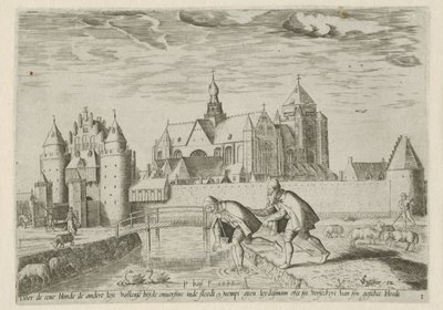 Utsikt över Veere, med ordspråket: en blind leder en annan Landskap med bibliska scener (serietitel) av Pieter Bast