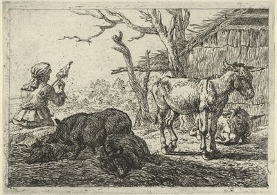 Kvinna som spinner, svin och åsnor Olika djur (serietitel) av Pieter Bodding van Laer