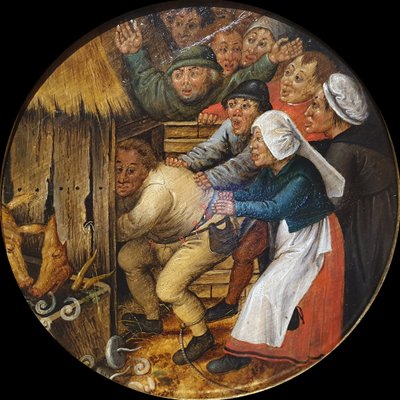 Fyllot knuffas in i svinstian av Pieter Brueghel the Younger
