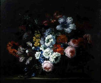 Stilleben av rosor, pioner, tulpaner och Morning Glory i en korg (olja på duk) av Pieter Casteels