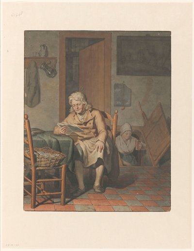 Interiör med läsande man. av Pieter Christoffel Wonder