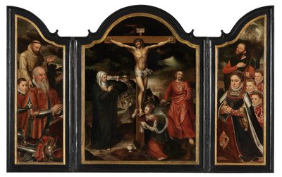 Kristus på korset med Jungfrun, Johannes och Maria Magdalena (olja på panel) av Pieter Claeissens