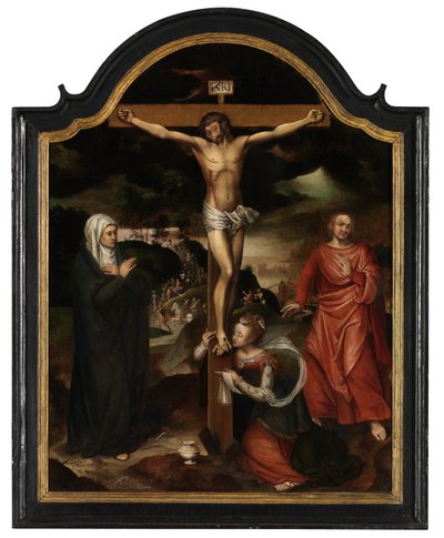 Kristus på korset med Jungfrun, Johannes och Maria Magdalena (olja på panel) av Pieter Claeissens