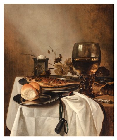 En rulle, sill, silversaltkällare, stor roemer och kniv på ett draperat bord, ca 1644 (olja på panel) av Pieter Claesz