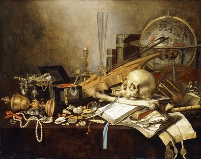Ett Vanitas stilleben av musikinstrument och manuskript, en vältad förgylld bägare, en smyckeskista, en ljusstake, en astrologisk jordglob, ett pärlband, juveler, snäckor, en skalle och lårben och ett timglas på ett draperat bord, 1653 av Pieter Claesz