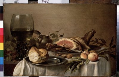 ""Stilleben av frukost med skinka, bröd, persikor och nötter"" (Frukost med skinka) Målning av Pieter Claesz (cirka 1597-1660) 1647 Mått 40x61 cm Sankt petersburg, eremitagemuseet av Pieter Claesz