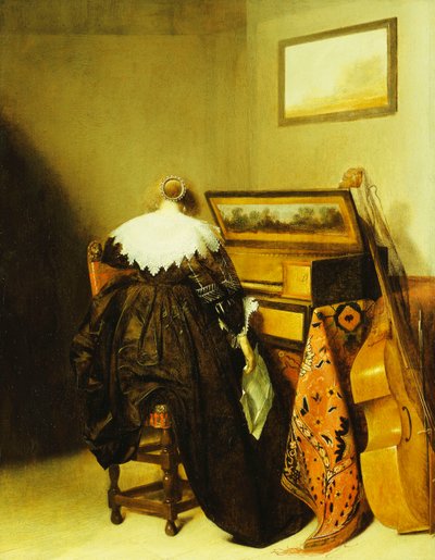 En sittande dam sedd bakifrån framför en jungfru, av Pieter Codde