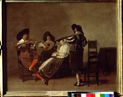 ""Soiree musicale"" (musikalisk kväll) Tre musiker och en ung kvinna (sång). Målning av Pieter Codde (1599-1678) Pushkin-museet från 1600-talet, Moskva av Pieter Codde