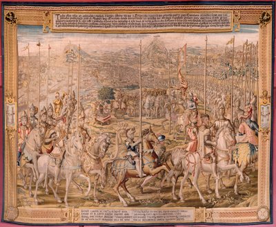 flamländsk gobeläng. Serien Erövringen av Tunis; Genomgång av trupperna i Barcelona (La revista de las tropas en Barcelona). Andra gobeläng i serien. Modellen Jan Vermeyen och Pieter Coecke van Aelst. 1543-1548. Tillverkning Real Fábrica de Tapices de Sant av Pieter Coecke van Aelst