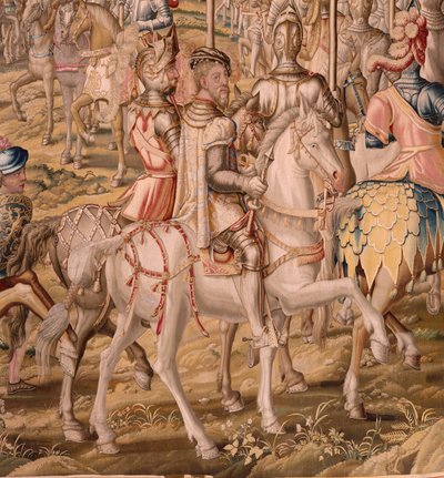 flamländsk gobeläng. Serien Erövringen av Tunis; Genomgång av trupperna i Barcelona (La revista de las tropas en Barcelona). Andra gobeläng i serien. Modellen Jan Vermeyen och Pieter Coecke van Aelst. 1543-1548. Tillverkning Real Fábrica de Tapices de Sant av Pieter Coecke van Aelst