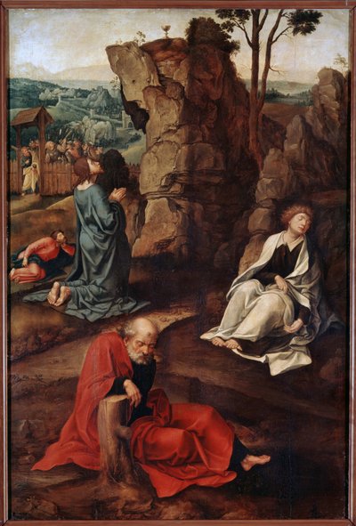 ""Bön i Olivträdgården"" (Agony in the Garden) Efter den sista måltiden går Kristus till Getsemane-kullen som har utsikt över Jerusalem med apostlarna. De romerska soldaterna medhjälpare till Judas närmar sig för att arrestera honom. Målning av Pieter Coe av Pieter Coecke van Aelst