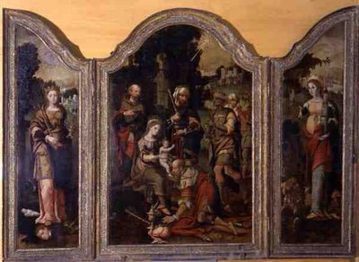 Triptyk som skildrar tillbedjan av männen och två helgon (olja på panel) av Pieter Coecke van Aelst