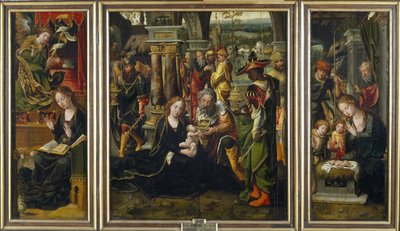 Bebådelsen. Tillbedjan av Magi. Herdarnas tillbedjan, andra kvartalet av 1 av Pieter Coecke van Aelst