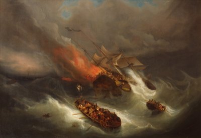 Totalförstöring av handelsfartyget Kent genom brand (olja på duk) av Pieter Cornelis Dommerson