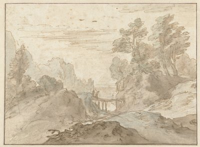 Bergslandskap med två figurer på en smal bro av Pieter Dircksz van Santvoort (possibly)