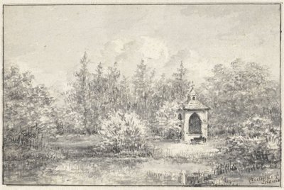 Utsikt i Leiduins park, med ett hus mellan träden av Pieter Ernst Hendrik Praetorius