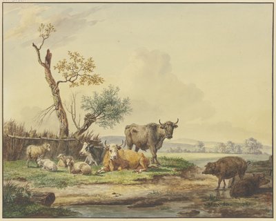 Boskap på bete vid ett stängsel, två grisar till höger av Pieter Gerardus van Os