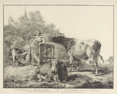 Kor och en mjölkpiga De Hollandsche Melk-koeijen/ Les vaches â lait hollandaises (titel på objekt) av Pieter Gerardus van Os