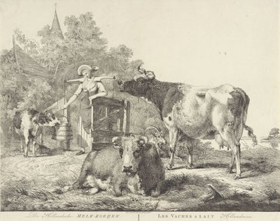 Kor och mjölkpiga De Hollandsche Melk-koeijen/ Les vaches â lait hollandaises (titel på objekt) av Pieter Gerardus van Os