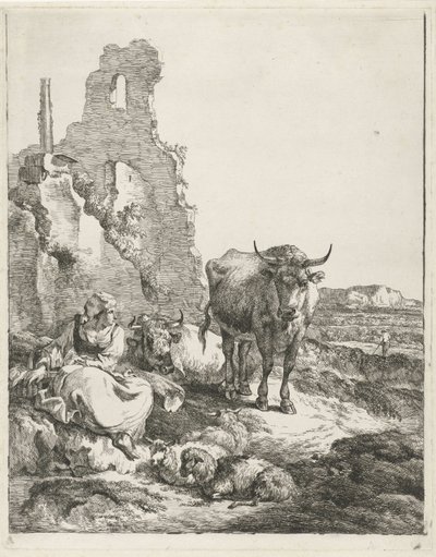 Landskap med stående och liggande ko och herdinna framför en ruin av Pieter Gerardus van Os