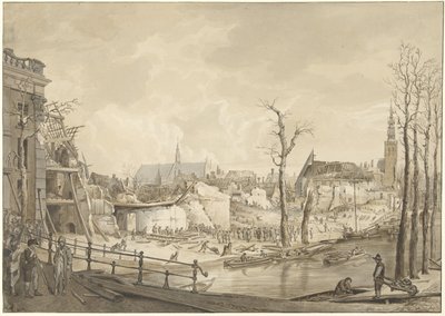 Ruiner på norra sidan av Steenschuur efter krutkatastrofen i Leiden, 12 januari 1807 av Pieter Gerardus van Os