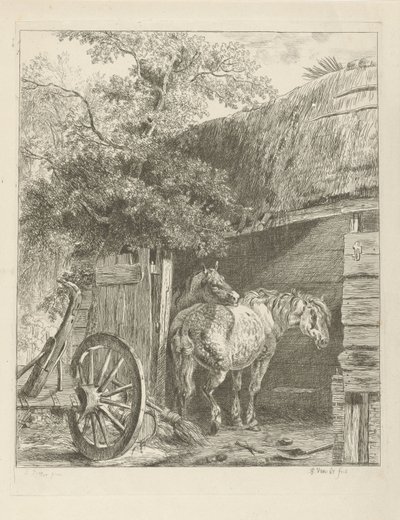 Två hästar i en lada av Pieter Gerardus van Os