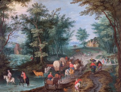 Landskap med figurer som korsar en bäck (olja på koppar) av Peeter Gijsels