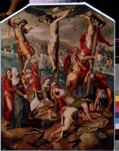 Golgata (Golgata). På Golgata korsfästas Jesus Kristus med de andra två dödsdömda. Han bär INRI-tecknet (I.N.R.I.) på korset. Vid foten sörjer Maria Magdalena Jesu död, hennes flaska välter på marken. Sankta Veronica av Pieter I Pietersz