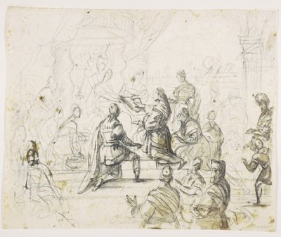Figurer som knäböjer inför kungen på tronen av Pieter Isaacsz