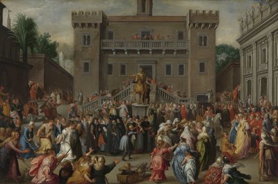 Kvinnorna i Rom samlas vid Capitolium Kvinnornas uppgång i Rom på Capitolium på grund av Papirius av Pieter Isaacsz.