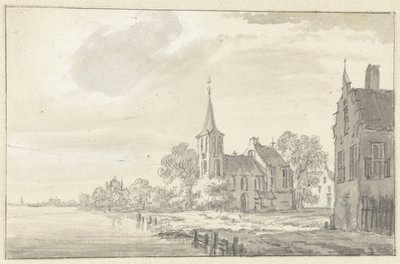 Bykyrka och hus vid en flod av Pieter Jan van Liender