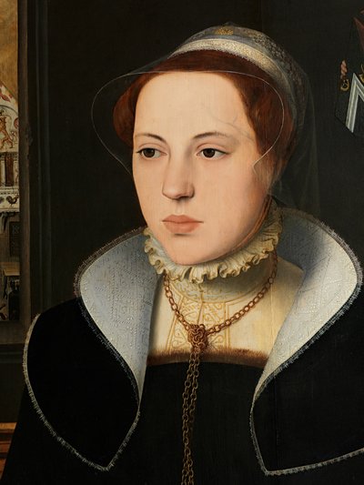 Detalj av porträtt av Jacquemyne Buuck av Pieter Jansz. Pourbus