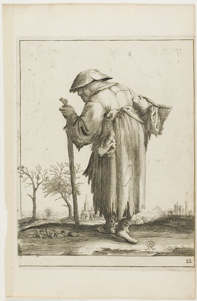 Marscherande tiggarkvinna med en korg, från T is al verwart-gaern (Det är redan förvirrande) av Pieter Jansz. Quast
