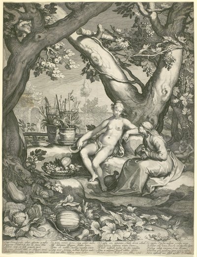 Vertumnus lånar figuren av en gammal kvinna för att vinna Pomonas kärlek, 1605 (gravyr på lagt papper) av Pieter Janszoon Saenredam