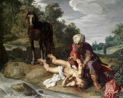 Den barmhärtige samariten sköter om resenärens sår (Luk 10:25-37) av Pieter Lastman