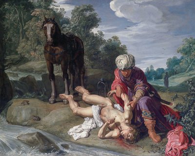 Den barmhärtige samariten sköter om resenärens sår (Luk 10:25-37) av Pieter Lastman