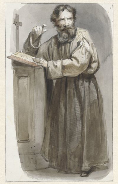 Stående präst vid talarstolen med krucifix och bibel av Pieter Marinus van de Laar (attributed to)