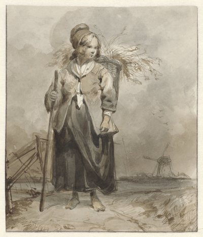 Stående kvinna med pinne och korg på baksidan av Pieter Marinus van de Laar (attributed to)
