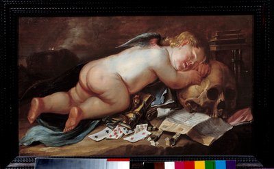 Älskar att sova på en döds huvud. Målning (Vanite) av Pieter Moninckx (1606 - 1686) Ec. Flam. av Pieter Moninckx