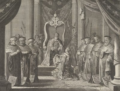 Plåt 8: Kejsar Maximilian II beviljar en krona till Amsterdams vapen, från Cas..., 1638. av Pieter Nolpe