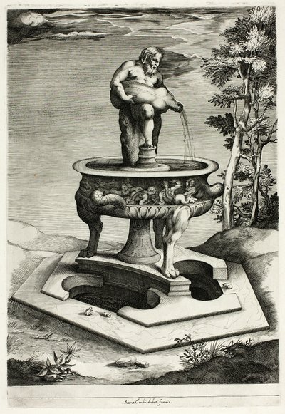 Fontän med Silenus i trädgården på Cesi-palatset nära Rom av Pieter Perret
